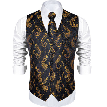 Black and Gold Floral Silk Vest Set vest set    - Sophisticated Gentlemen
