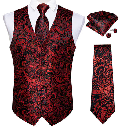 Black Red Paisley Jacquard Silk Vest Set vest set    - Sophisticated Gentlemen