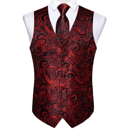 Black Red Paisley Jacquard Silk Vest Set vest set    - Sophisticated Gentlemen