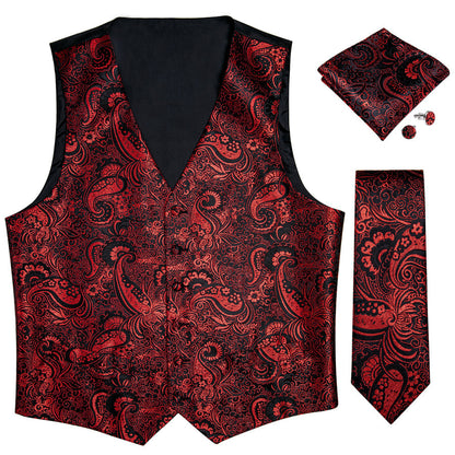 Black Red Paisley Jacquard Silk Vest Set vest set    - Sophisticated Gentlemen