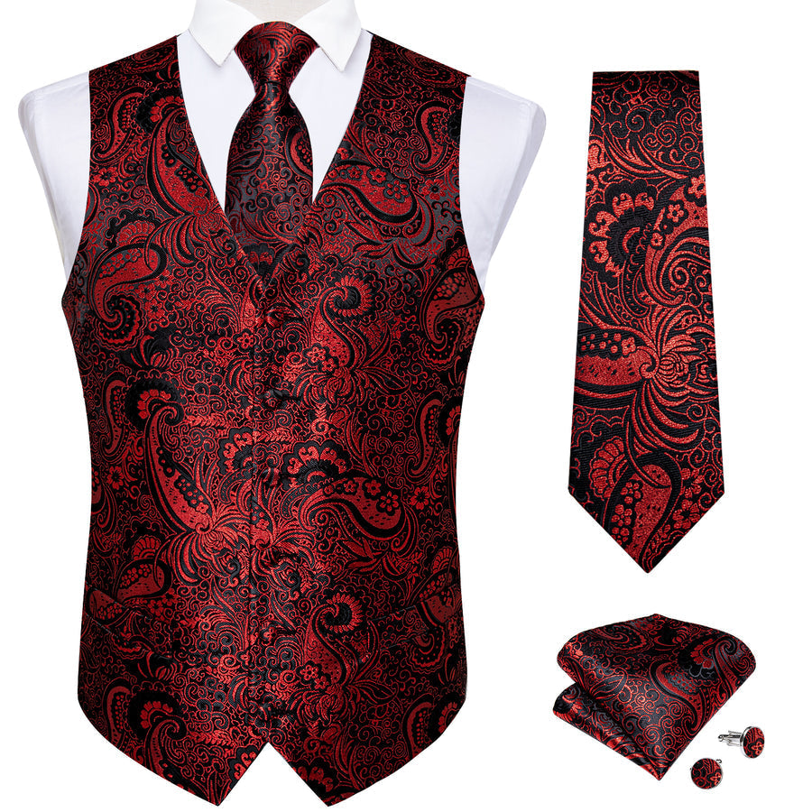 Black Red Paisley Jacquard Silk Vest Set vest set    - Sophisticated Gentlemen