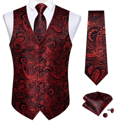 Black Red Paisley Jacquard Silk Vest Set vest set    - Sophisticated Gentlemen