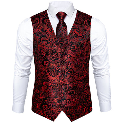 Black Red Paisley Jacquard Silk Vest Set vest set    - Sophisticated Gentlemen