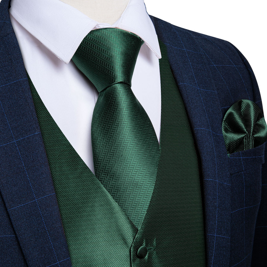 Shining Green Solid Jacquard Silk Vest Set vest set    - Sophisticated Gentlemen