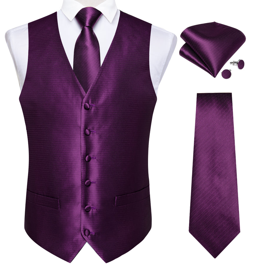 Shining Purple Solid Jacquard Silk Vest Set vest set    - Sophisticated Gentlemen