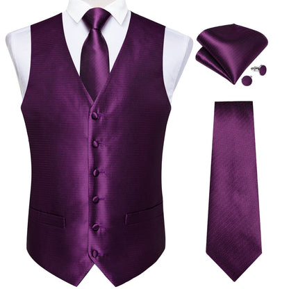 Shining Purple Solid Jacquard Silk Vest Set vest set    - Sophisticated Gentlemen