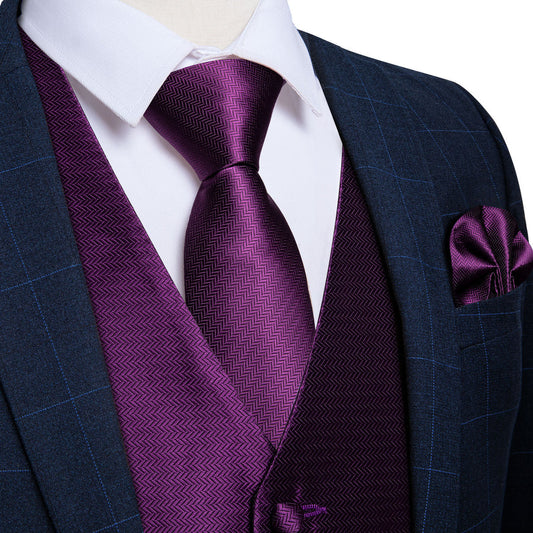 Shining Purple Solid Jacquard Silk Vest Set vest set S (Chest 40")   - Sophisticated Gentlemen