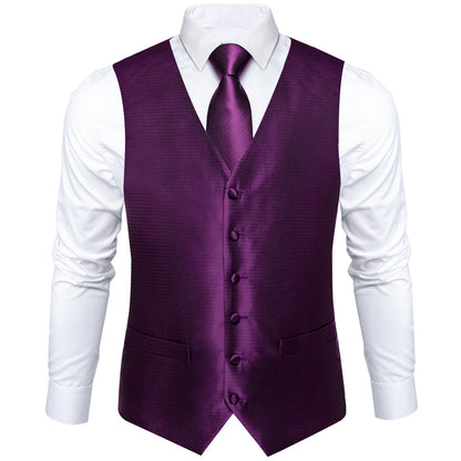 Shining Purple Solid Jacquard Silk Vest Set vest set    - Sophisticated Gentlemen