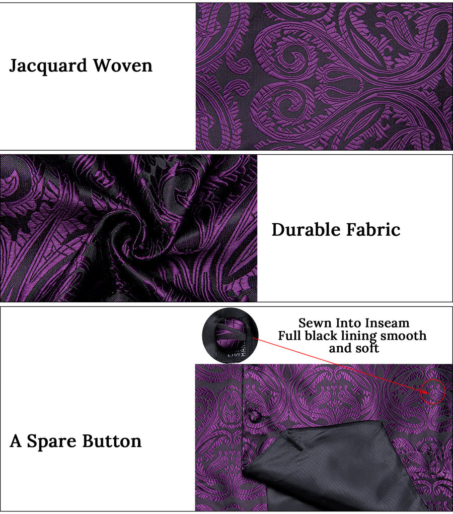 Black Purple Paisley Jacquard Silk Men's Vest Set vest set    - Sophisticated Gentlemen