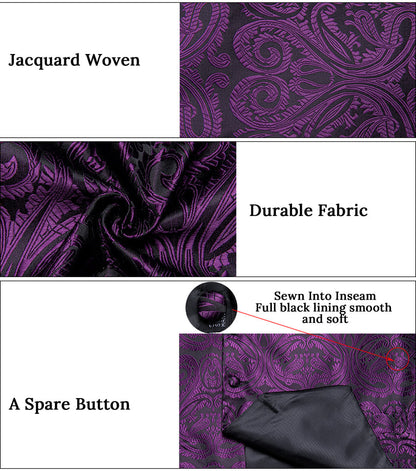 Black Purple Paisley Jacquard Silk Men's Vest Set vest set    - Sophisticated Gentlemen
