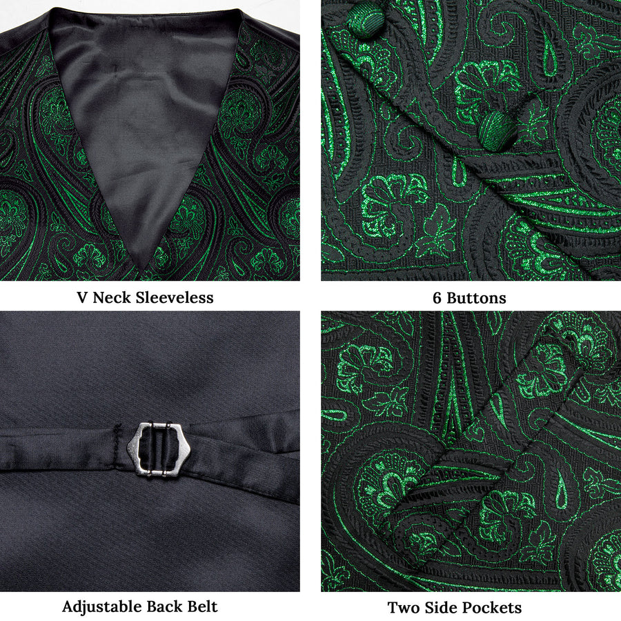 Black Green Paisley Jacquard Silk Vest Set vest set    - Sophisticated Gentlemen