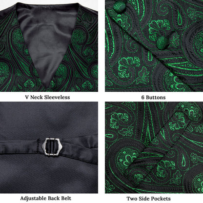 Black Green Paisley Jacquard Silk Vest Set vest set    - Sophisticated Gentlemen