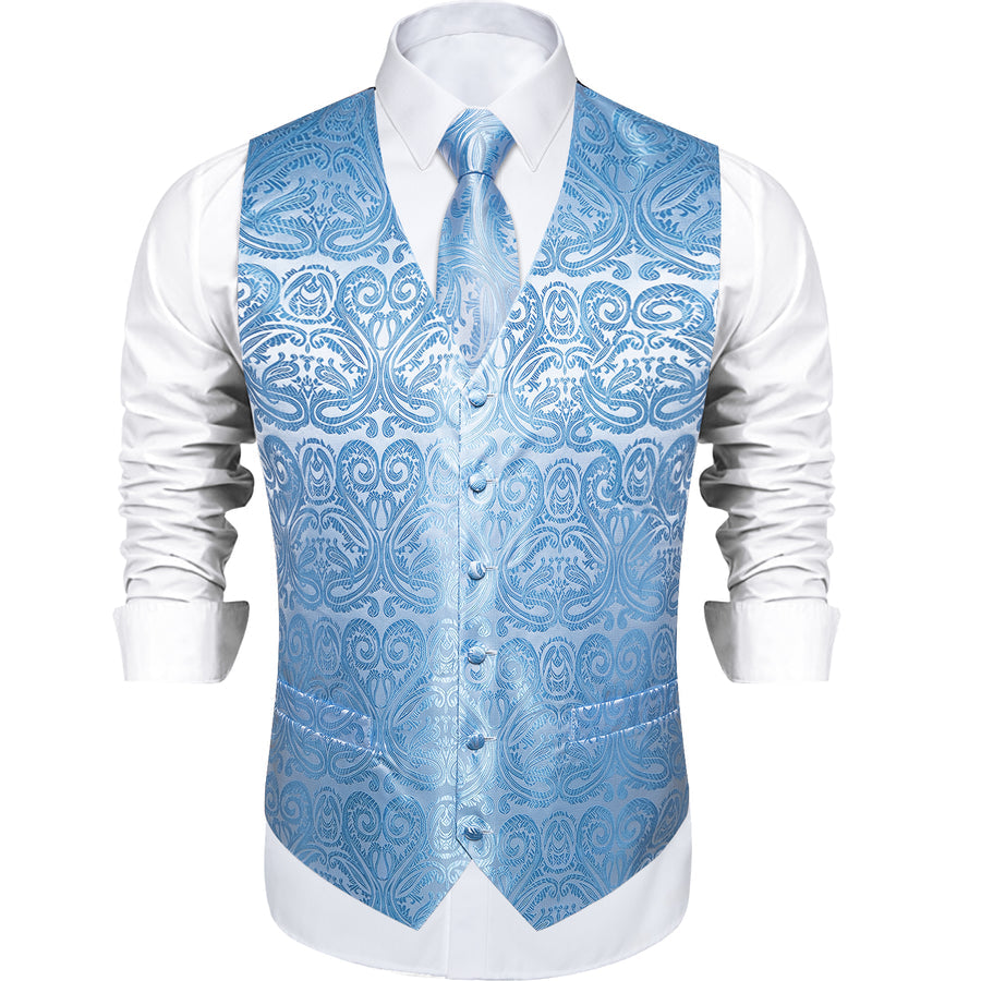 Radiant Sky Blue Paisley Silk Vest Set vest set    - Sophisticated Gentlemen