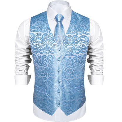 Radiant Sky Blue Paisley Silk Vest Set vest set    - Sophisticated Gentlemen