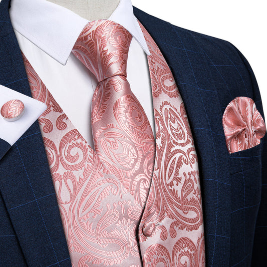 Pink Paisley Jacquard Silk Vest Set vest set S (Chest 40")   - Sophisticated Gentlemen