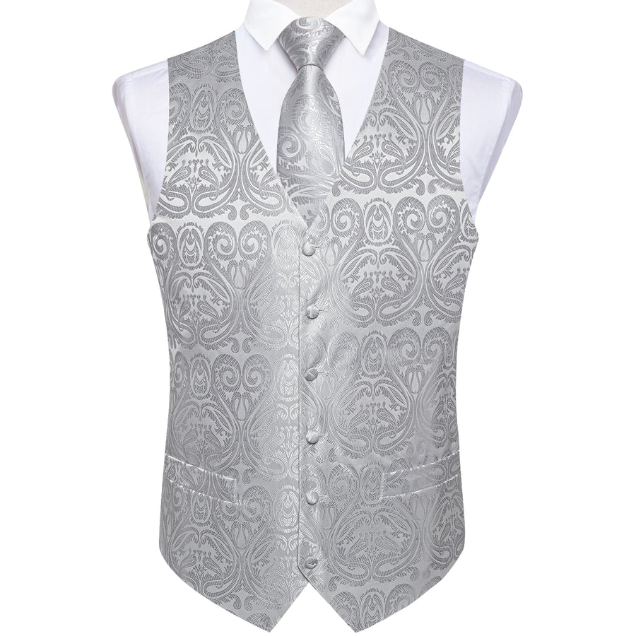 Silver Grey Paisley Jacquard Silk Vest Set vest set    - Sophisticated Gentlemen
