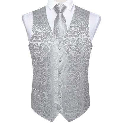 Silver Grey Paisley Jacquard Silk Vest Set vest set    - Sophisticated Gentlemen