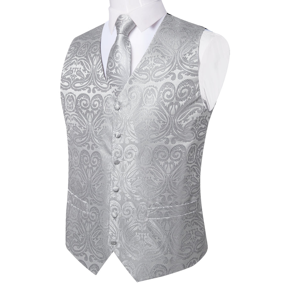 Silver Grey Paisley Jacquard Silk Vest Set vest set    - Sophisticated Gentlemen