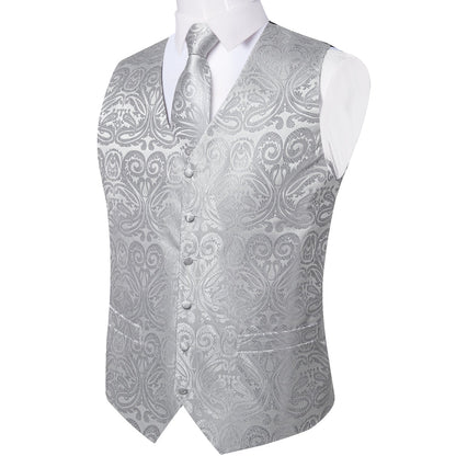 Silver Grey Paisley Jacquard Silk Vest Set vest set    - Sophisticated Gentlemen
