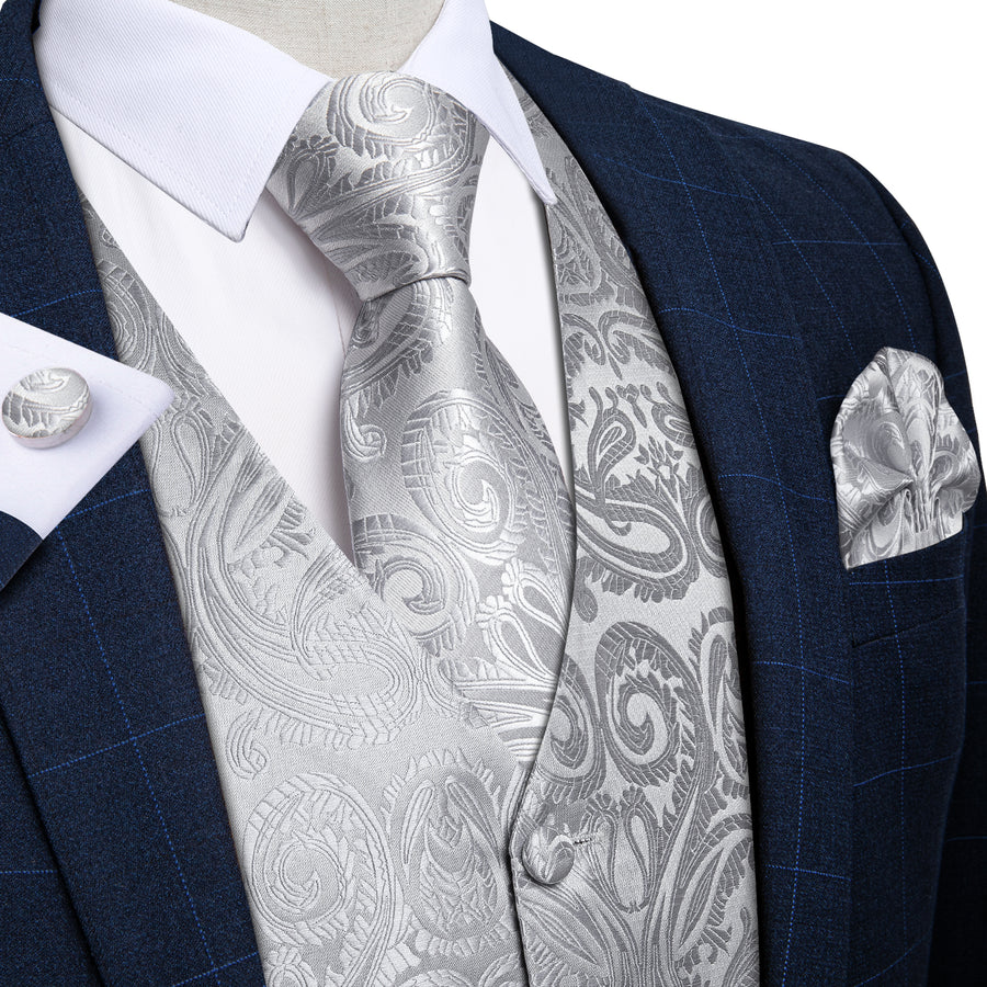 Silver Grey Paisley Jacquard Silk Vest Set vest set S (Chest 40")   - Sophisticated Gentlemen