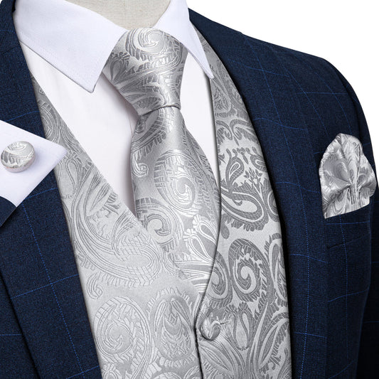 Silver Grey Paisley Jacquard Silk Vest Set vest set S (Chest 40")   - Sophisticated Gentlemen