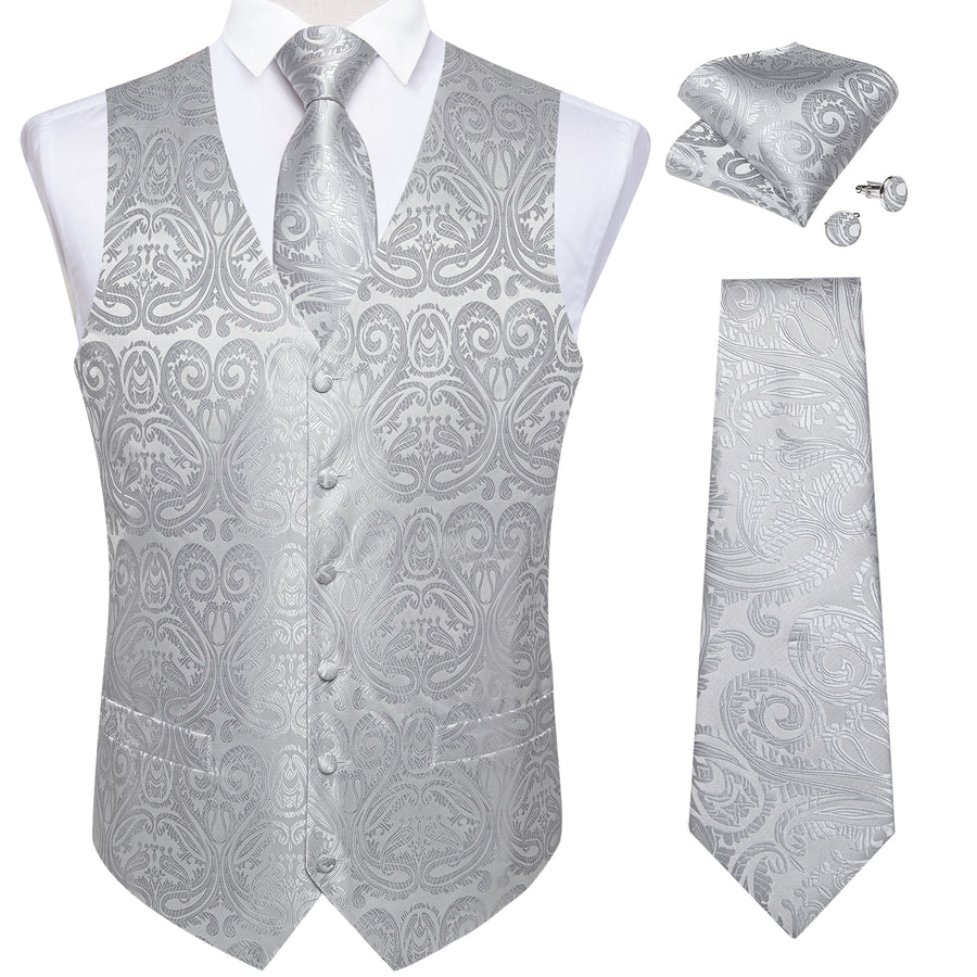 Silver Grey Paisley Jacquard Silk Vest Set vest set    - Sophisticated Gentlemen