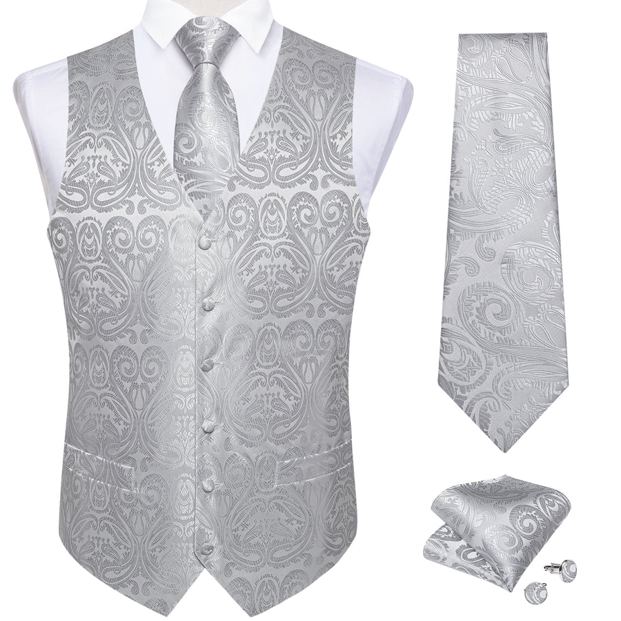 Silver Grey Paisley Jacquard Silk Vest Set vest set    - Sophisticated Gentlemen