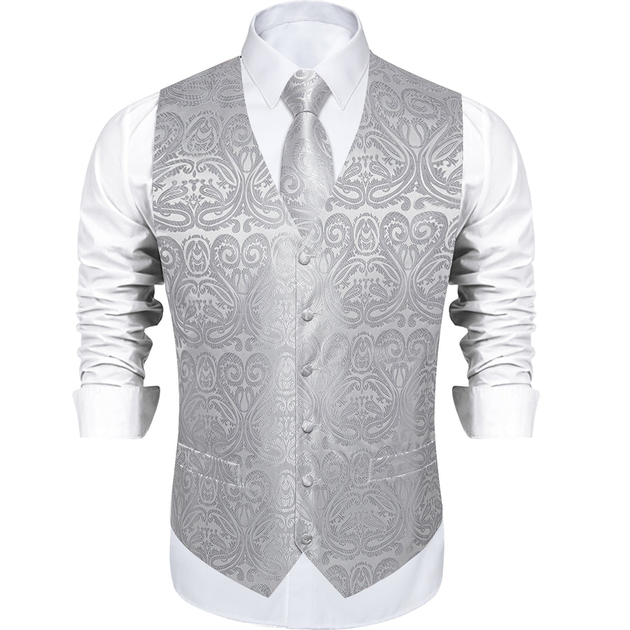 Silver Grey Paisley Jacquard Silk Vest Set vest set    - Sophisticated Gentlemen