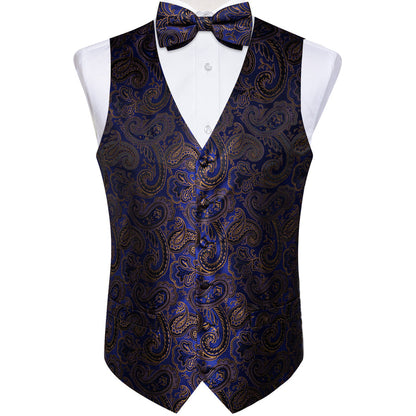Blue Golden Paisley Jacquard Silk Men's Bowtie Vest Set vest set    - Sophisticated Gentlemen
