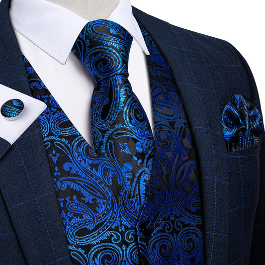 Black Blue Gradient Paisley Jacquard Silk Vest Set vest set S (Chest 40")   - Sophisticated Gentlemen