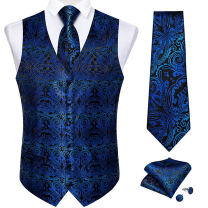 Black Blue Gradient Paisley Jacquard Silk Vest Set vest set    - Sophisticated Gentlemen