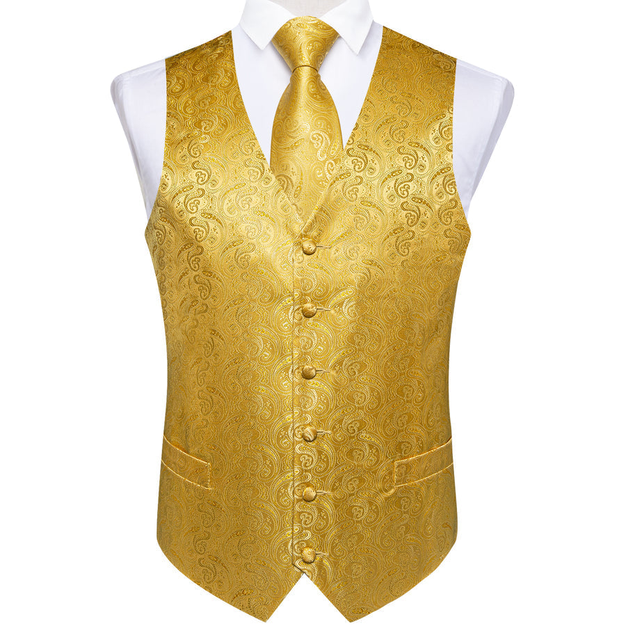 Radiant Gold Paisley Jacquard Silk Vest Set vest set    - Sophisticated Gentlemen