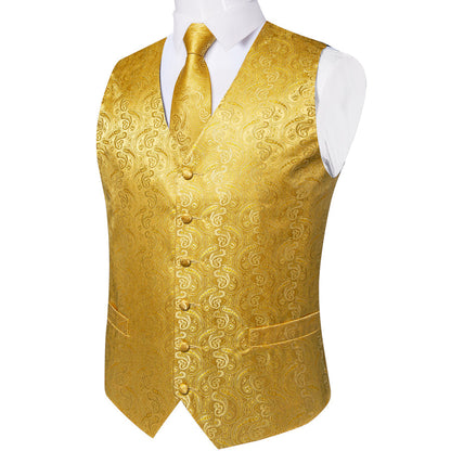 Radiant Gold Paisley Jacquard Silk Vest Set vest set    - Sophisticated Gentlemen