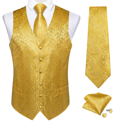 Radiant Gold Paisley Jacquard Silk Vest Set vest set    - Sophisticated Gentlemen