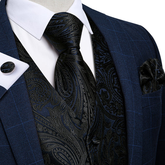 Black Paisley Jacquard Silk Vest Set vest set S (Chest 40")   - Sophisticated Gentlemen