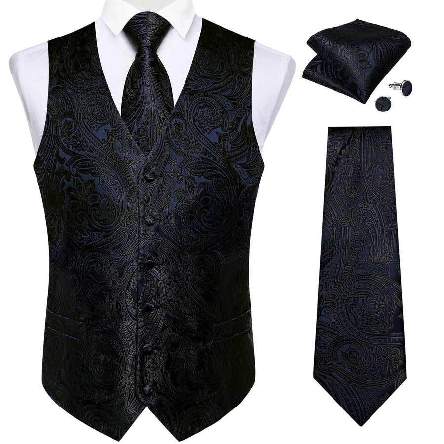 Black Paisley Jacquard Silk Vest Set vest set    - Sophisticated Gentlemen