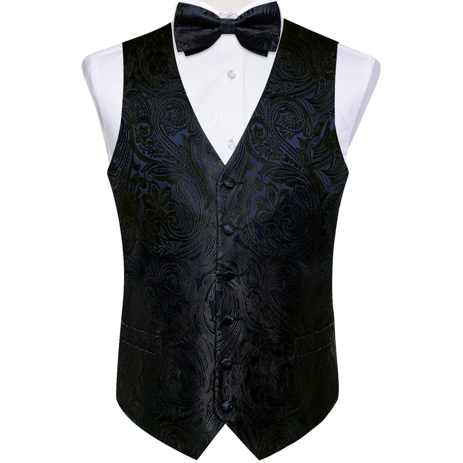 Black Paisley Jacquard Silk Men's Bowtie Vest Set vest set    - Sophisticated Gentlemen