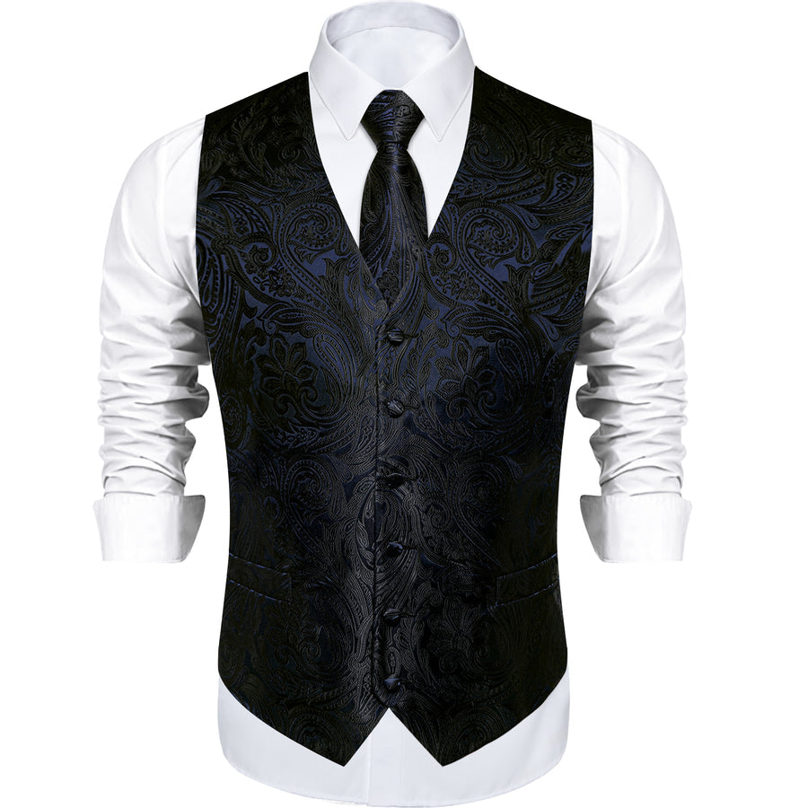 Black Paisley Jacquard Silk Vest Set vest set    - Sophisticated Gentlemen