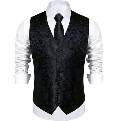 Black Paisley Jacquard Silk Vest Set vest set    - Sophisticated Gentlemen