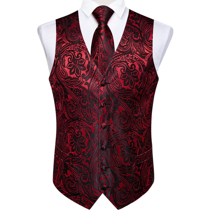 Red and Black Paisley Jacquard Silk Vest Set vest set    - Sophisticated Gentlemen