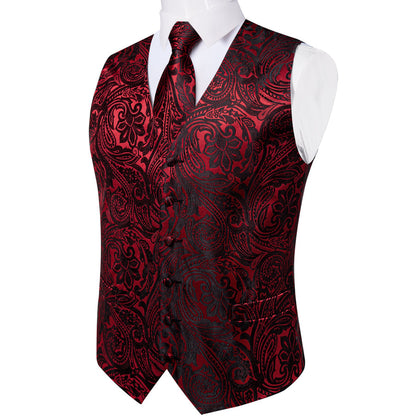 Red and Black Paisley Jacquard Silk Vest Set vest set    - Sophisticated Gentlemen