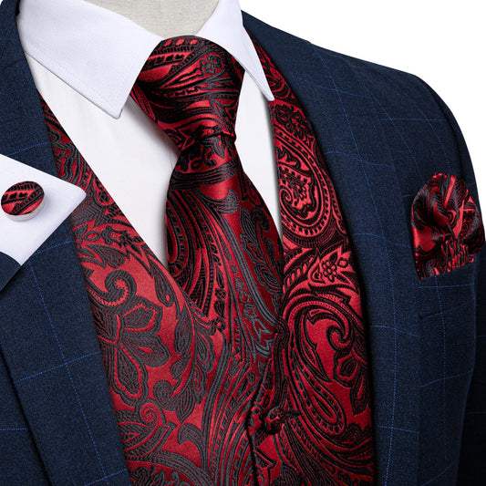 Red and Black Paisley Jacquard Silk Vest Set vest set S (Chest 40")   - Sophisticated Gentlemen