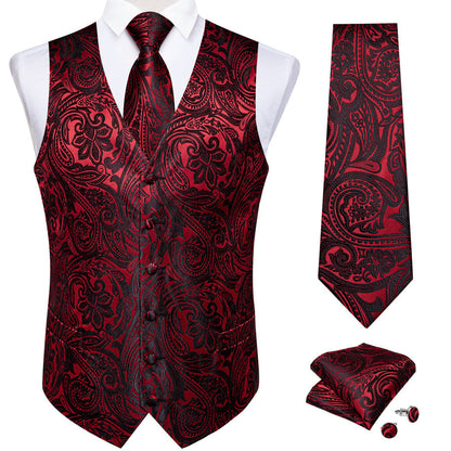 Red and Black Paisley Jacquard Silk Vest Set vest set    - Sophisticated Gentlemen