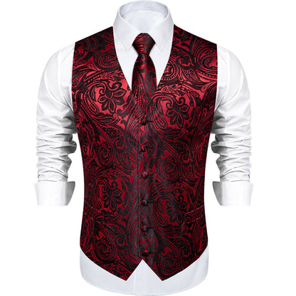 Red and Black Paisley Jacquard Silk Vest Set vest set    - Sophisticated Gentlemen