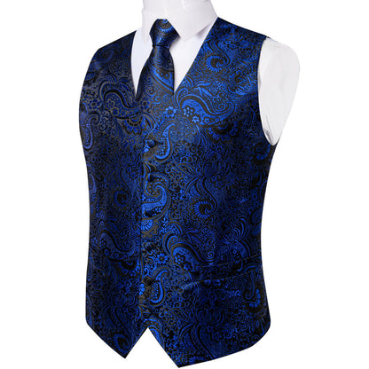 Midnight Blue Paisley Jacquard Silk Vest Set vest set    - Sophisticated Gentlemen
