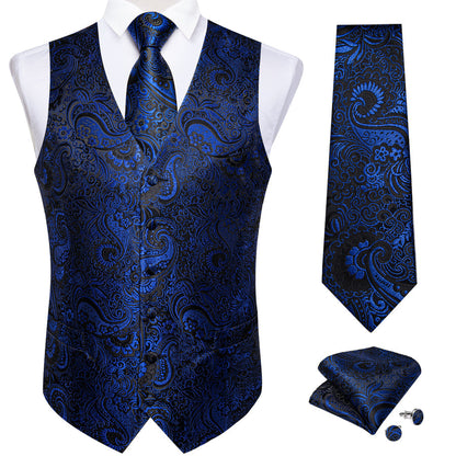 Midnight Blue Paisley Jacquard Silk Vest Set vest set    - Sophisticated Gentlemen