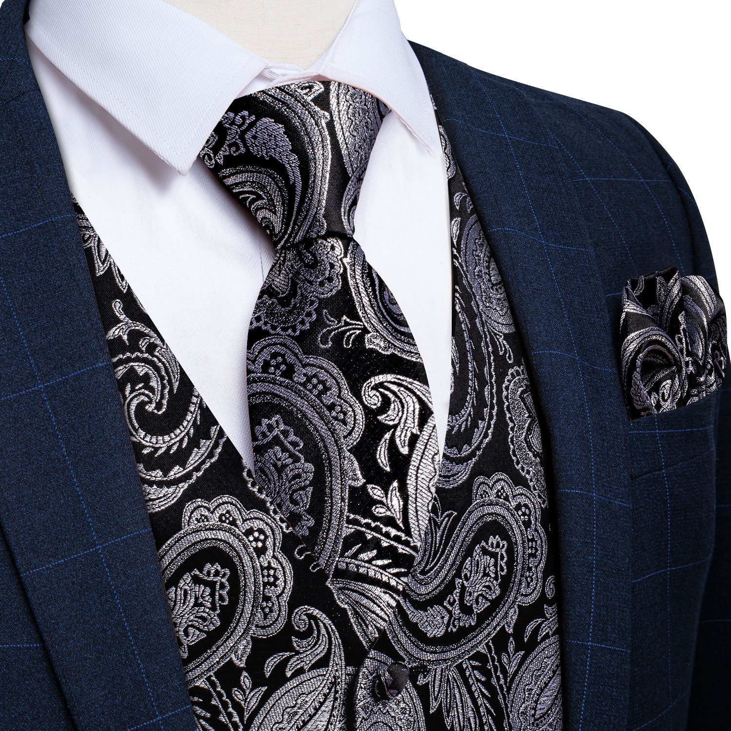 Black and Gray Paisley Silk Vest Set vest set S (Chest 41)   - Sophisticated Gentlemen