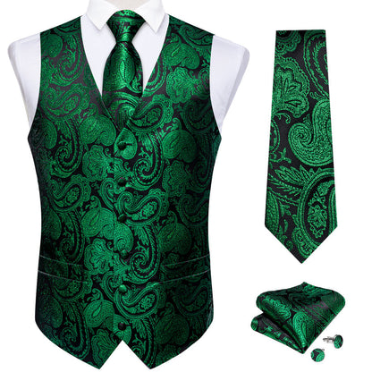 Black Green Paisley Jacquard Silk Men's Vest Set vest set    - Sophisticated Gentlemen
