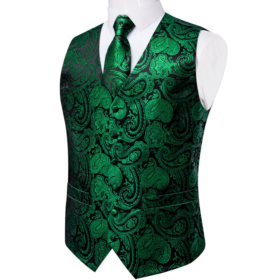 Black Green Paisley Jacquard Silk Men's Vest Set vest set    - Sophisticated Gentlemen