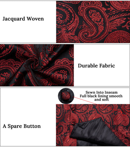 Black Red Paisley Jacquard Silk Vest Set vest set    - Sophisticated Gentlemen